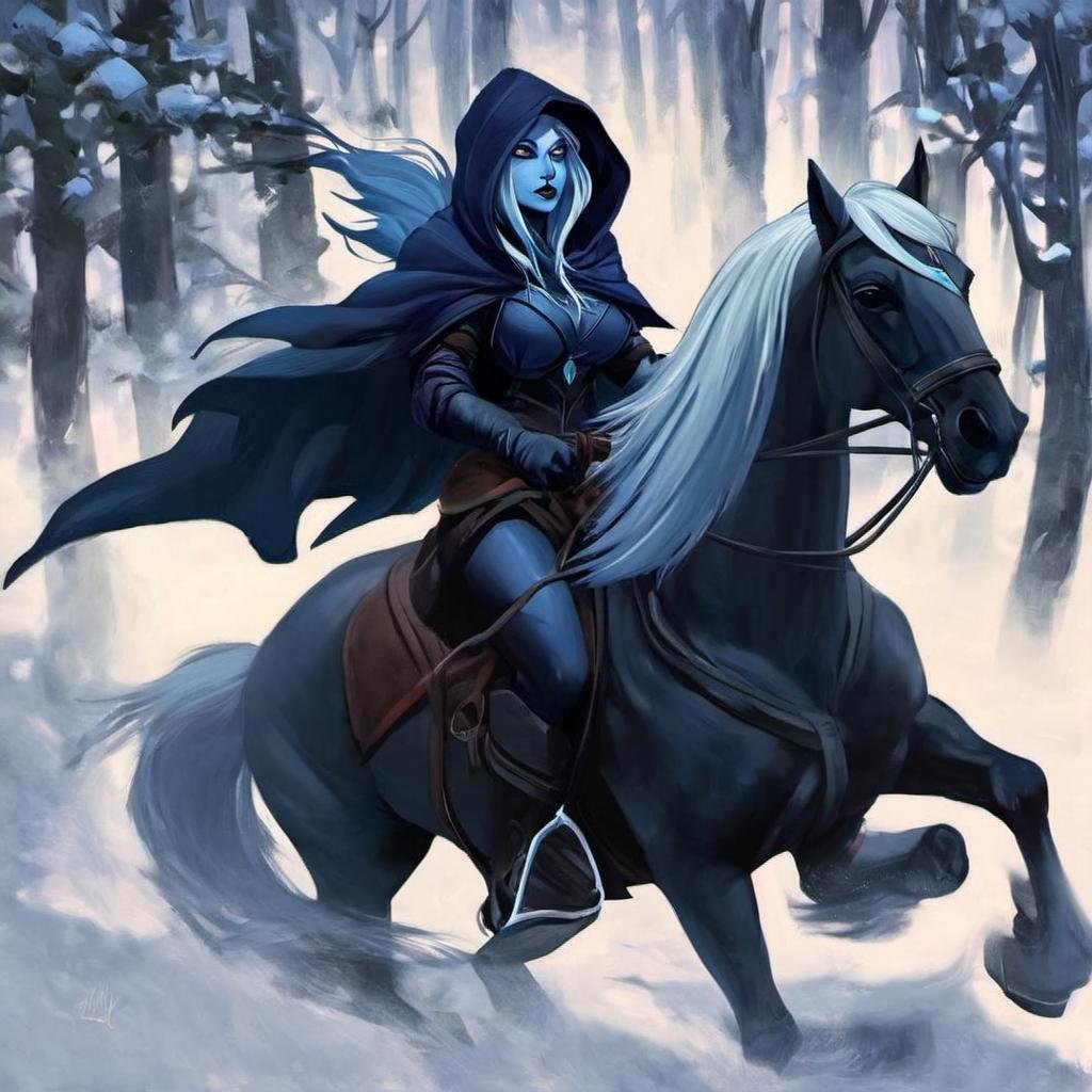 1girl, <lora:Drow:1> Drow,  hood, riding a horse