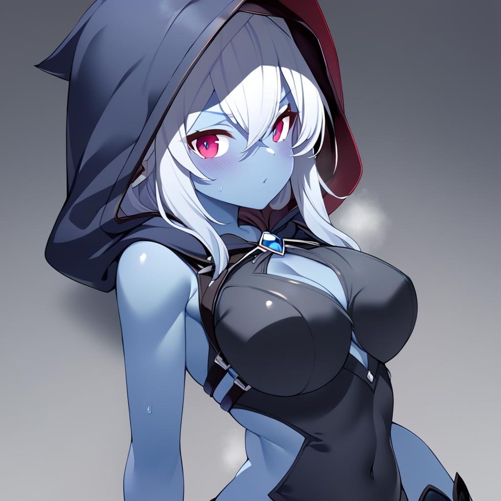 1girl, <lora:Drow:1> Drow, best quality,  blue skin, hood, body armor