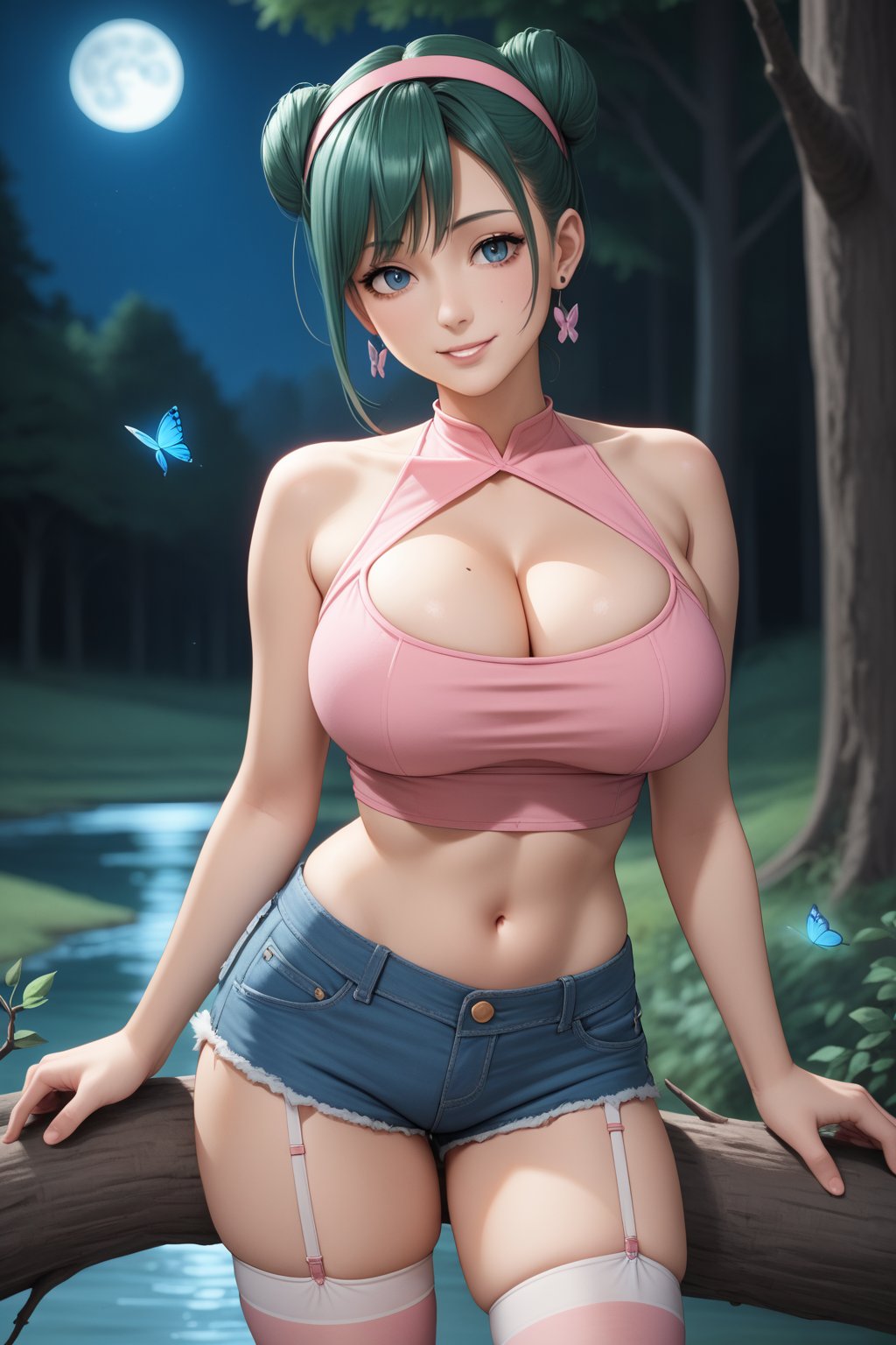 score_10, score_9, 1girl,solo,breasts,looking at viewer,smile,short hair,bangs,blue eyes,large breasts,shirt,thighhighs,navel,cleavage,bare shoulders,jewelry,collarbone,hairband,earrings,outdoors,parted lips,green hair,shorts,sleeveless,midriff,water,stomach,hair bun,mole,blurry,white thighhighs,tree,crop top,short shorts,clothing cutout,mole under eye,double bun,skindentation,night,blurry background,arm support,halterneck,garter straps,moon,cleavage cutout,bug,denim,butterfly,nature,forest,denim shorts,pink shirt,branch,cutoffs,pink thighhighsa woman in a pink bikini top and blue shorts