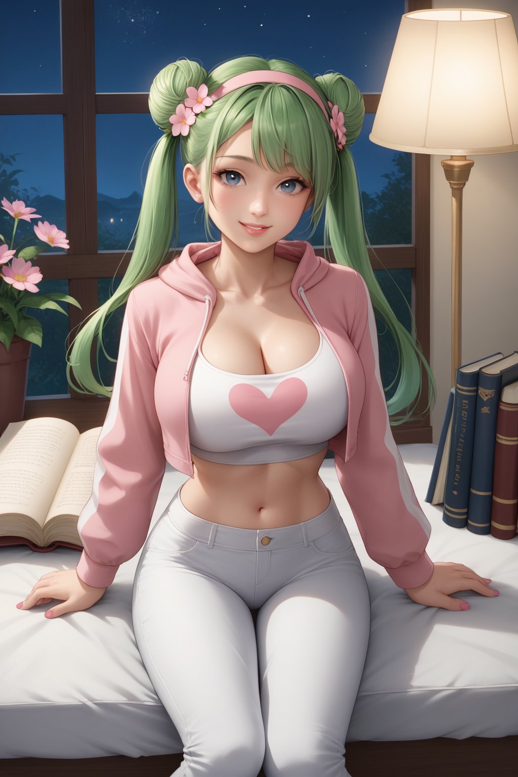 score_10, score_9, 1girl,solo,breasts,looking at viewer,smile,bangs,blue eyes,large breasts,hair ornament,long sleeves,navel,cleavage,twintails,sitting,jacket,flower,heart,hairband,green hair,sky,midriff,pants,indoors,hair flower,hood,hair bun,lips,crop top,book,window,double bun,hoodie,night,feet out of frame,hood down,plant,night sky,pink nails,open book,white pants,lamp,heart print,tight pants,cropped hoodiea woman with green hair and a pink top