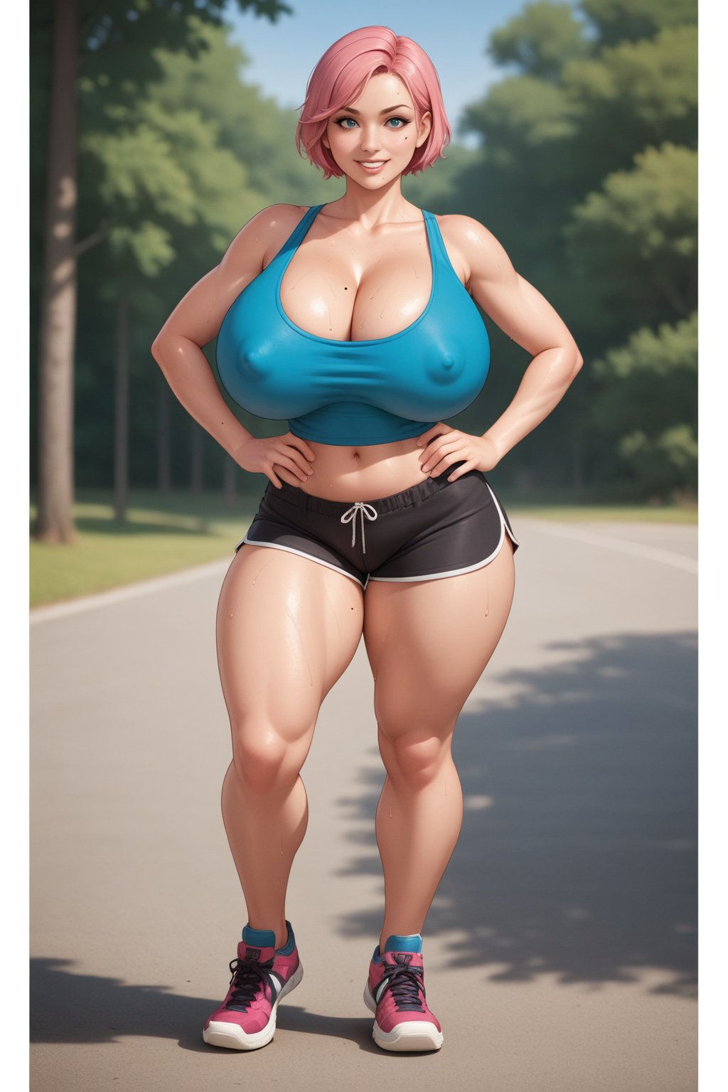 score_10, score_9, 1girl,breasts,looking at viewer,smile,blue eyes,large breasts,navel,cleavage,full body,pink hair,thighs,sweat,outdoors,shoes,shorts,solo focus,day,midriff,mole,blurry,huge breasts,covered nipples,tree,lips,hand on hip,short shorts,blurry background,thick thighs,tank top,sneakers,curvya woman in a blue top and black shorts is skateboarding