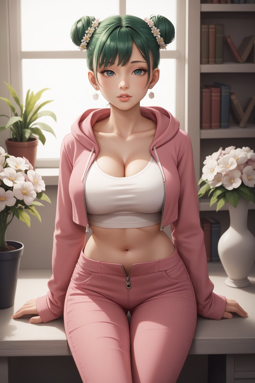 score_10, score_9, 1girl,solo,breasts,looking at viewer,short hair,bangs,blue eyes,large breasts,hair ornament,long sleeves,navel,cleavage,sitting,collarbone,jacket,flower,cowboy shot,earrings,parted lips,green hair,midriff,pants,indoors,hair flower,hood,stomach,hair bun,mole,lips,crop top,sleeves past wrists,book,window,double bun,hoodie,makeup,arm support,thigh gap,hood down,plant,white flower,pink flower,zipper,drawstring,bookshelf,unzipped,potted plant,lamp,candle,pink jacket,zipper pull tab,brick wall,vase,pink pants,fireplacea woman in a pink outfit posing for a picture