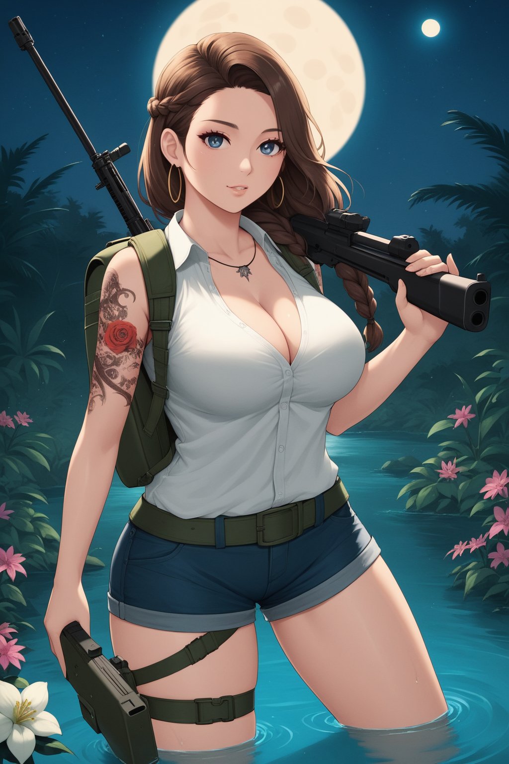 score_10, score_9, 1girl,solo,long hair,breasts,looking at viewer,blue eyes,large breasts,brown hair,shirt,holding,cleavage,jewelry,standing,white shirt,weapon,braid,flower,earrings,outdoors,parted lips,sky,shorts,sleeveless,belt,water,bag,holding weapon,mole,gun,short shorts,blood,tattoo,thigh strap,night,piercing,moon,backpack,holding gun,nature,night sky,rifle,full moon,wading,hoop earrings,arm tattoo,shoulder tattoo,green shortsa woman with a gun in a jungle
