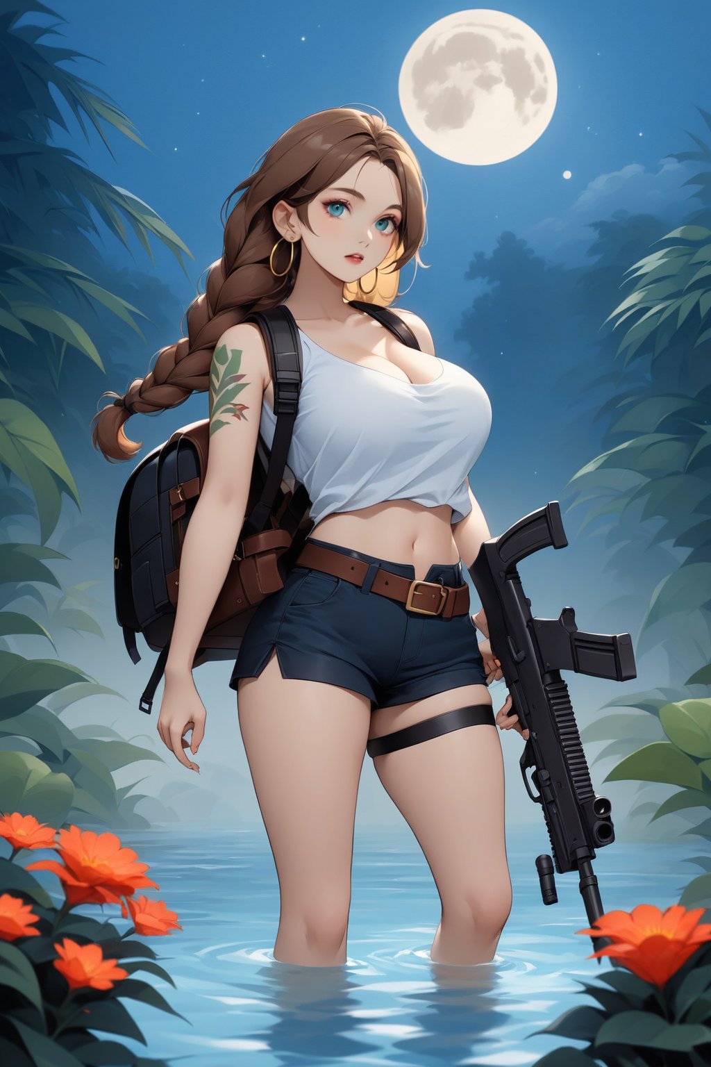 score_10, score_9, 1girl,solo,long hair,breasts,looking at viewer,blue eyes,large breasts,brown hair,shirt,holding,cleavage,jewelry,standing,white shirt,weapon,braid,flower,earrings,outdoors,parted lips,sky,shorts,sleeveless,belt,water,bag,holding weapon,mole,gun,short shorts,blood,tattoo,thigh strap,night,piercing,moon,backpack,holding gun,nature,night sky,rifle,full moon,wading,hoop earrings,arm tattoo,shoulder tattoo,green shortsa woman with a gun in a jungle
