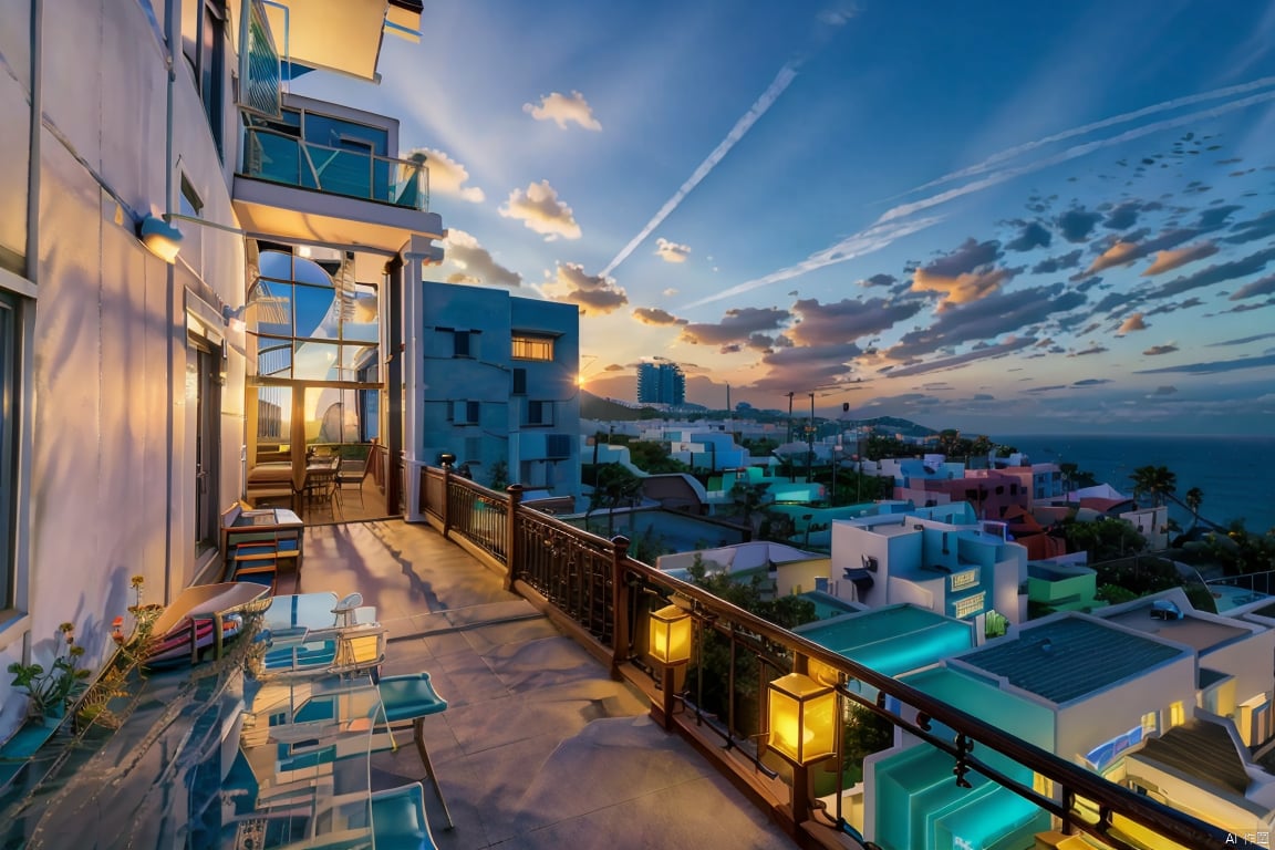  mingsu, scenery, no humans, sky, cloud, outdoors, building, sunlight, water, cityscape, blue sky, cloudy sky, sun, sunset, horizon, reflection, railing, city, ocean, day, lens flare, stairs, lamppost