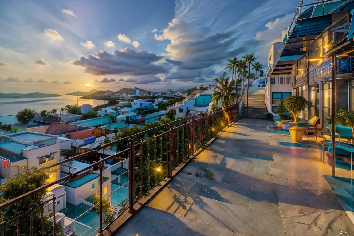  mingsu, scenery, no humans, sky, cloud, outdoors, building, sunlight, water, cityscape, blue sky, cloudy sky, sun, sunset, horizon, reflection, railing, city, ocean, day, lens flare, stairs, lamppost