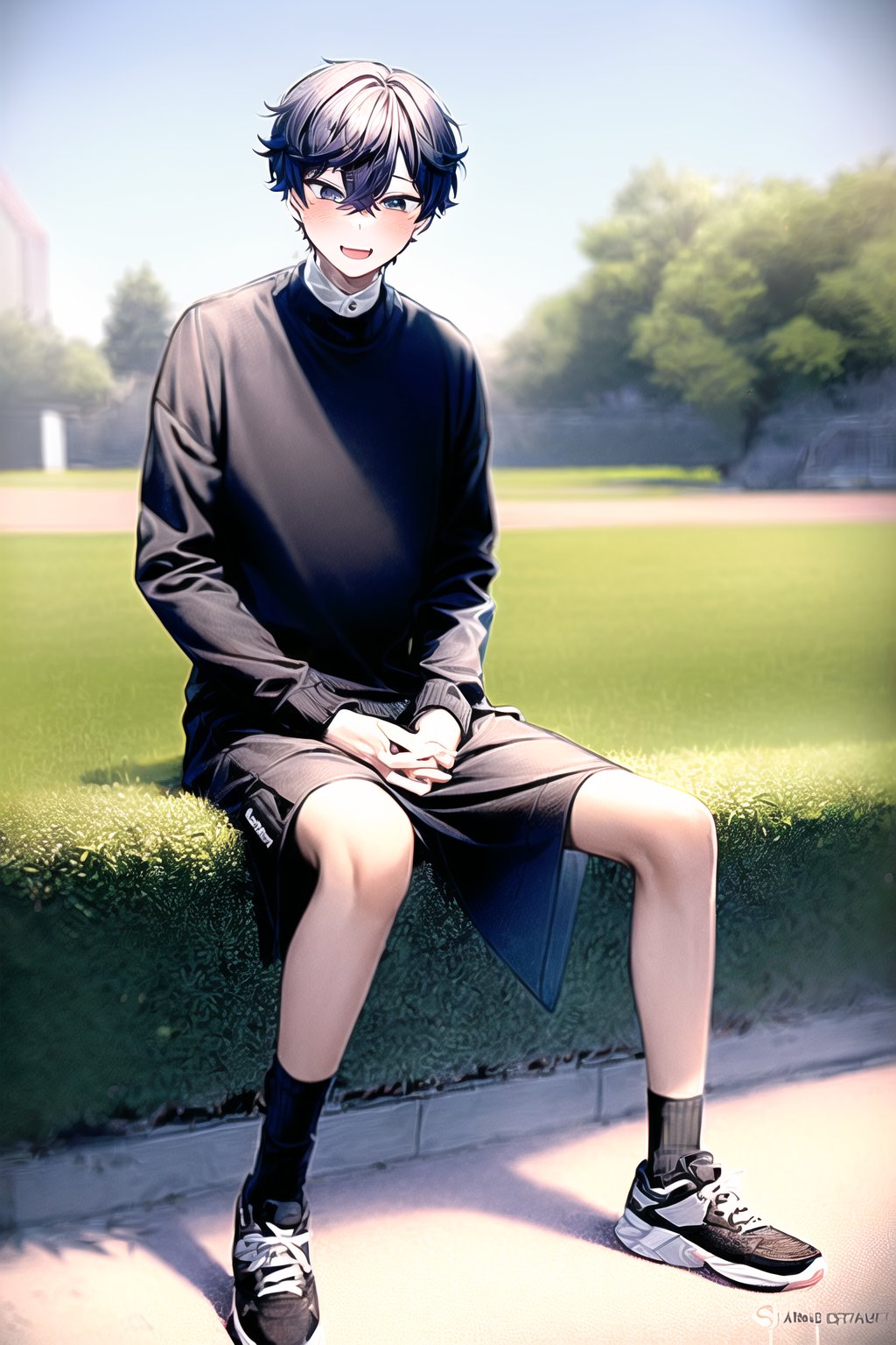 1boy, shxtou, shoto, full body, (black socks), teen, shy, blush, spring outfit, black sneakers, sitting, male focus, looking at viewer, solo, black pants