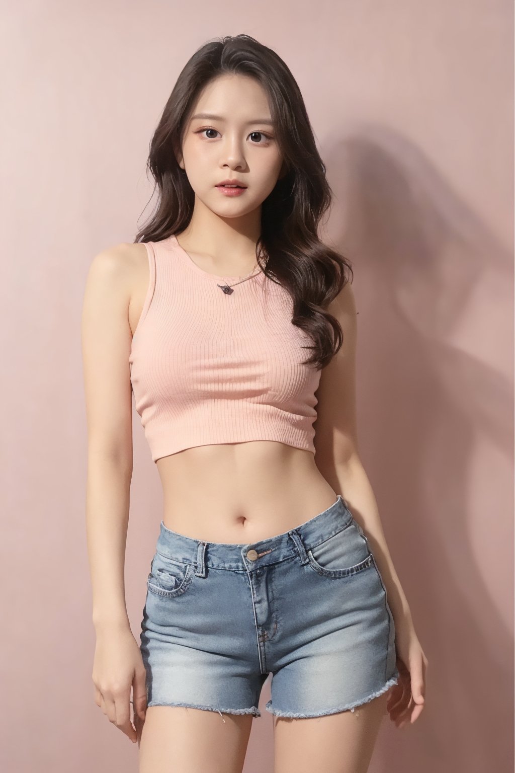 1woman, Masterpiece, Best Quality, Blank Pink Background, Crop Top, Jeans Short Pants, ChristyJKT48, Natural Light, Shadow, Make Up, Standing Pose, 