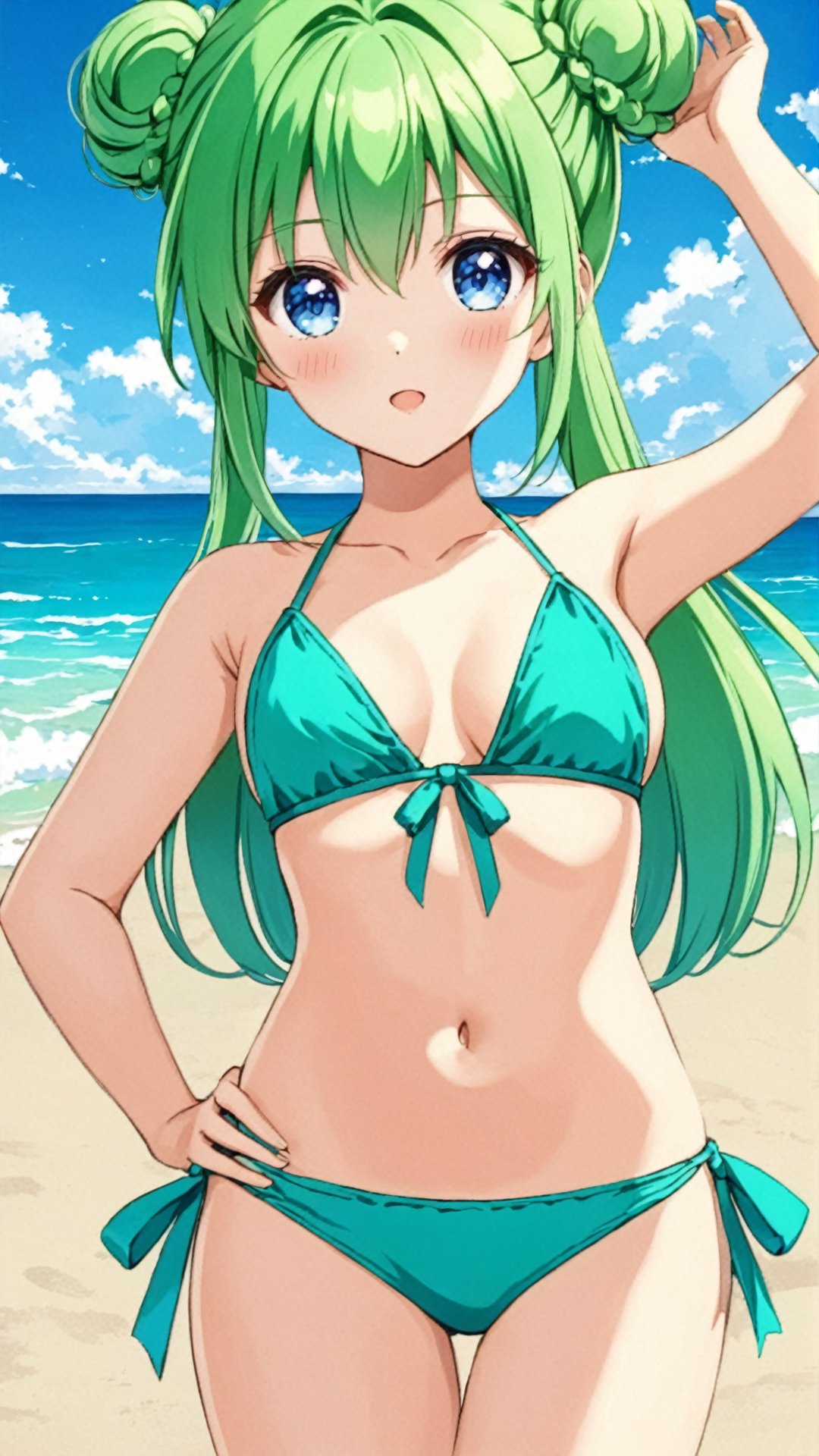 Aura, green hair, two hair buns, blue eyes, mirco bikini, in beach,




