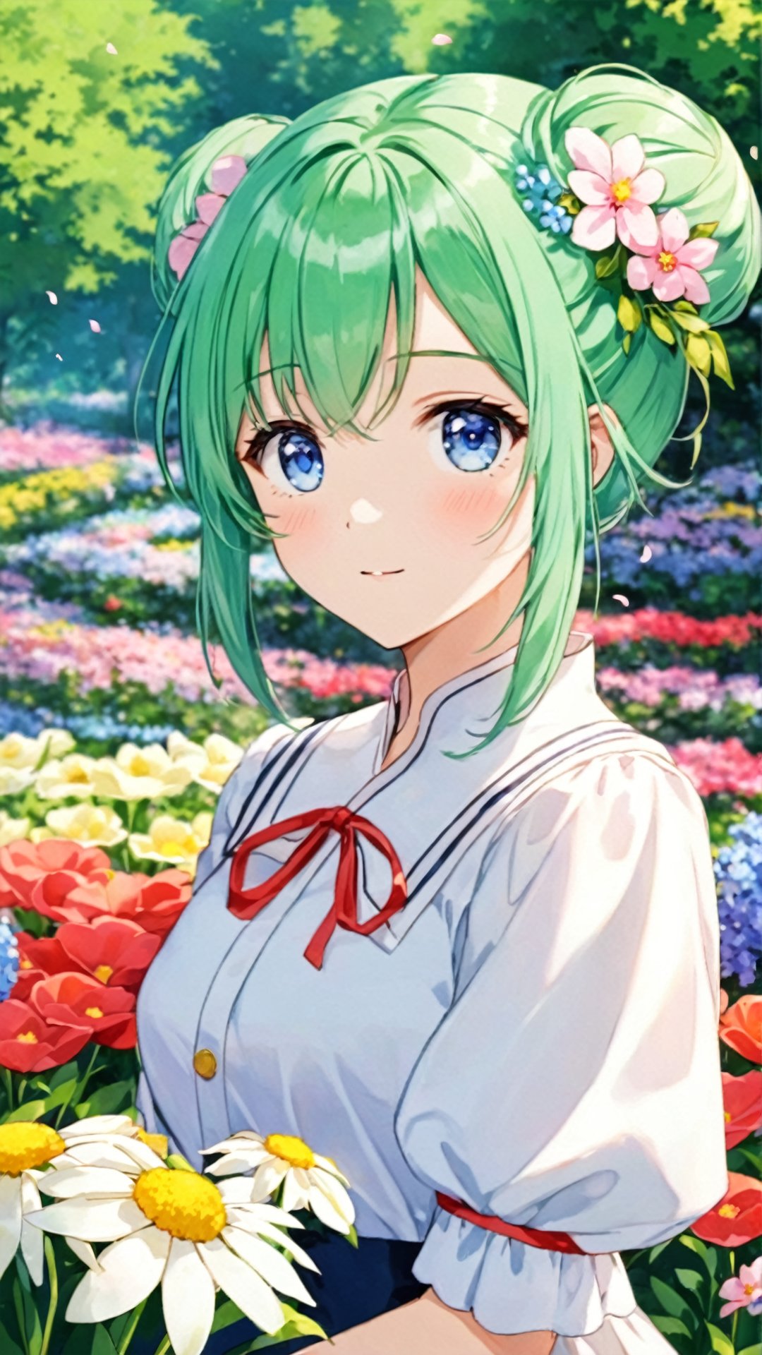 Aura, green hair, two hair buns, blue eyes, ((outdoors)), ((flower garden)), ((flowers)), ((many flowers)), spring petals, petals of flowers, spring, falling petals,