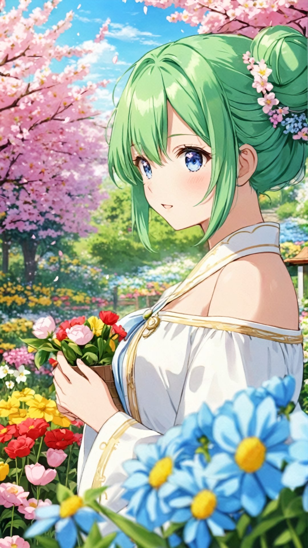 Aura, green hair, two hair buns, blue eyes, ((outdoors)), ((flower garden)), ((flowers)), ((many flowers)), spring petals, petals of flowers, spring, falling petals,