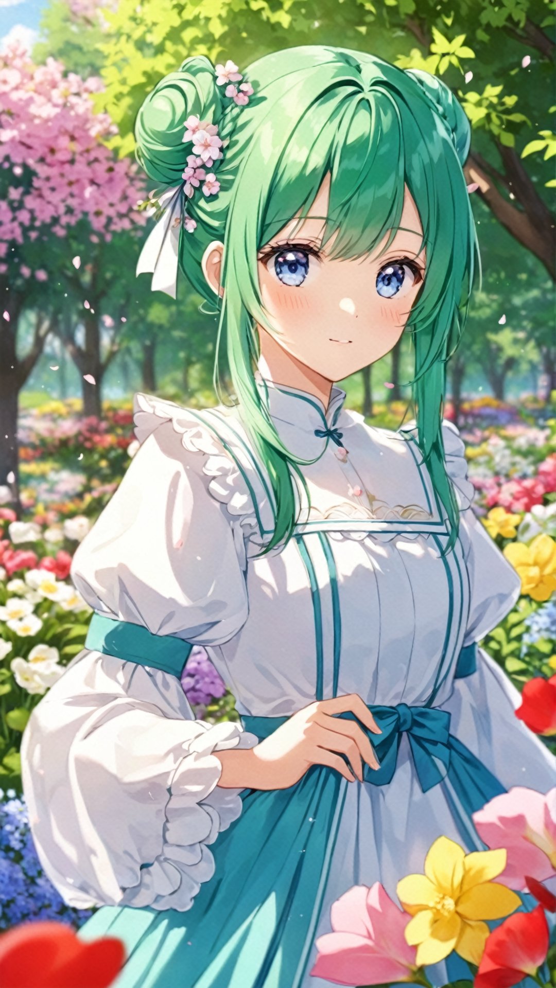 Aura, green hair, two hair buns, blue eyes, ((outdoors)), ((flower garden)), ((flowers)), ((many flowers)), spring petals, petals of flowers, spring, falling petals,