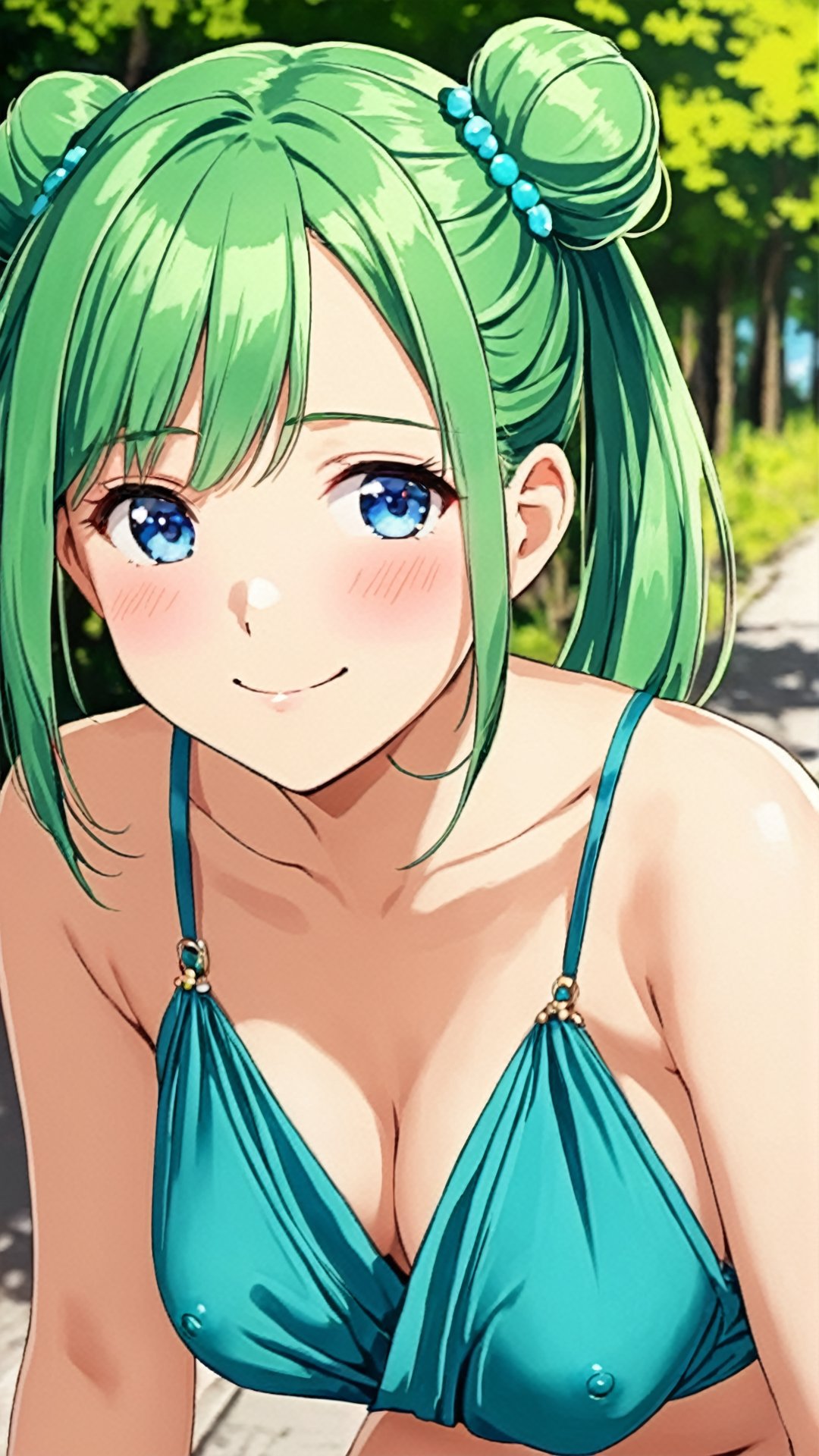 Aura, green hair, two hair buns, blue eyes, mirco bikini, in beach,




(NSFW), (uncensored), cowboy shot, dynamic pose, 1 girl, solo, happy smile joy, blush, ashamed, shy, sexy, charming, alluring, seductive, enchanting, erotic, (in public:1.3), (outdoors:1.3), (in street:1.3), (in nature:1.3), (much audiences:2), (DOWNBLOUSE:1.5), (LEANING FORWARD:1.5), (EXTENDED DOWNBLOUSE:1.5), (no bra:1.5), (nipples slip:2), (nipples:1.5), 
