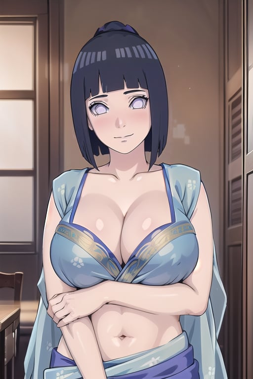 1girl, solo, saree, (blue saree),, indian saree, indian dress, blouse, ,
bobcut black hair, high ponytail, light smile, blushing,  cowboy shot, anime style, masterpiece, ,hinata(boruto), milf,  cleavage, large breasts, upper body, intricate dress, floral pattern 