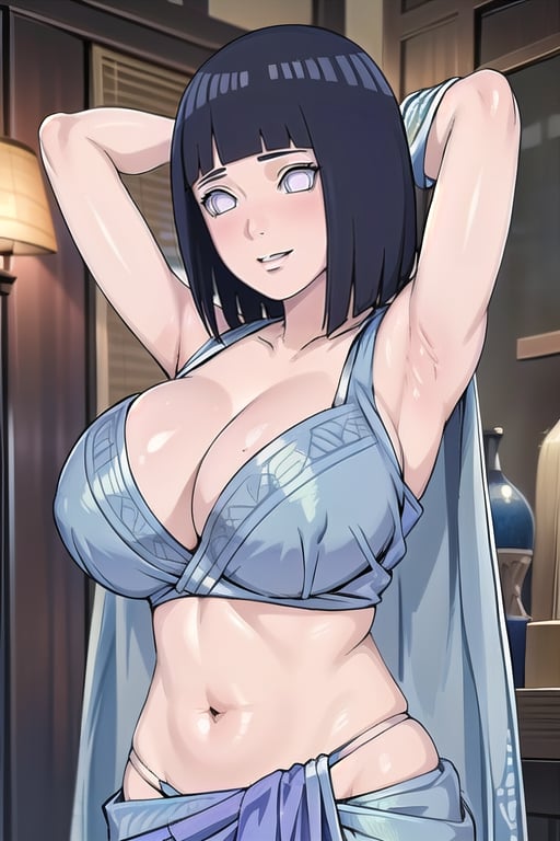 1girl, solo, saree, (blue saree),, indian saree, indian dress, blouse, ,
bobcut black hair, mature_female, parted lips, arms behind head,  light smile, blushing,  cowboy shot, anime style, masterpiece, ,hinata(boruto), milf,  cleavage, large breasts, upper body, intricate dress, floral pattern 