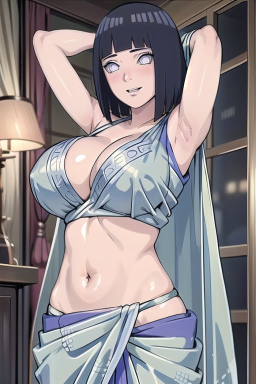 1girl, solo, saree, (blue saree),, indian saree, indian dress, blouse, ,
bobcut black hair, mature_female, parted lips, arms behind head,  light smile, blushing,  cowboy shot, anime style, masterpiece, ,hinata(boruto), milf,  cleavage, large breasts, upper body, intricate dress, floral pattern 