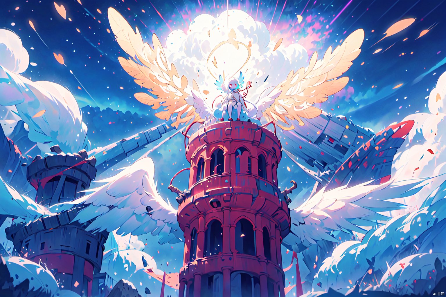 8k, Fluffy White Angel male perched upon golden bejeweled tower in a heavenly utopian city, huge feathery angel wings, glowing nebula eyes, white flowing clouds, ivory armor with diamond gem inlay, trending on artstation, sharp focus, studio photo, intricate details, highly detailed, by tim burton