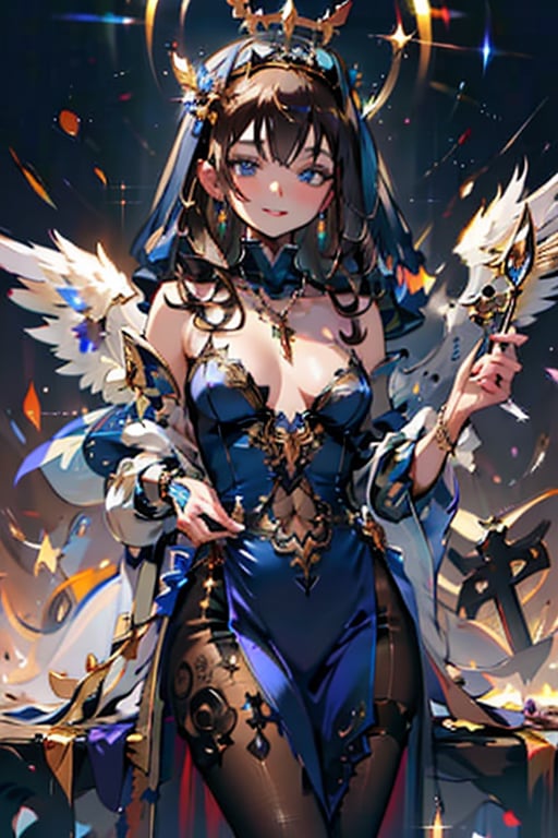 1girl,solo,long hair breasts,looking at viewer,smile,bangs,blue eyes,brown hair,dress,holding,bare shoulders,jewelry,medium breasts,pantyhose,earrings,parted lips,wings,necklace,see-through,black pantyhose,blue dress,halo,cross,pelvic curtain,angel wings,nun