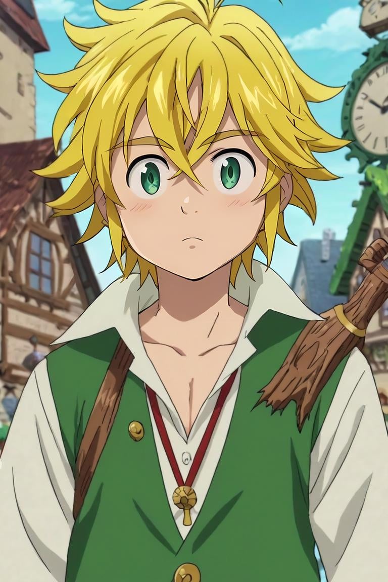 score_9, score_8_up, score_7_up, score_6_up, score_5_up, score_4_up, BREAK source_anime, anime screencap, anime coloring, official style, looking at viewer, upper body, , 1boy, solo, male focus, <lora:meliodas_nanatsu_no_taizai_pony:0.84>, meliodas_nanatsu_no_taizai, , timber costume, clock tower, , <lora:sdxl_lightning_8step_lora:1>