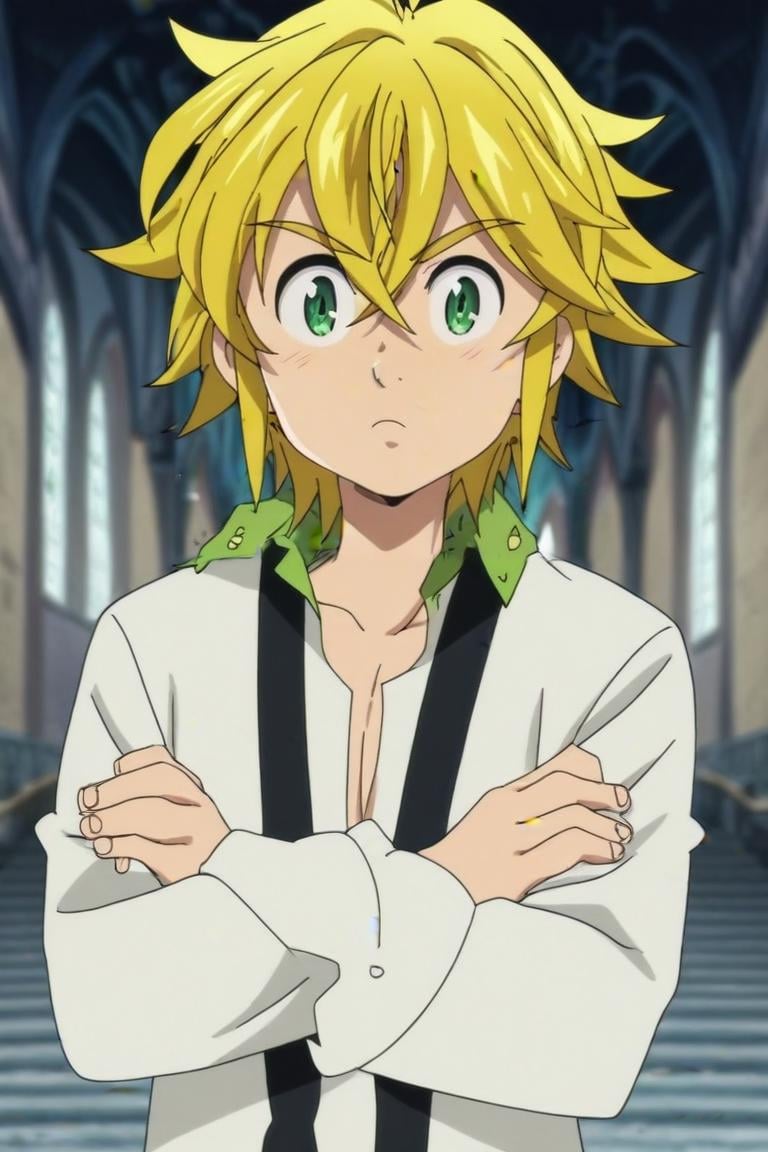 score_9, score_8_up, score_7_up, score_6_up, score_5_up, score_4_up, BREAK source_anime, anime screencap, anime coloring, official style, looking at viewer, upper body, depth of field, 1boy, solo, male focus, <lora:meliodas_nanatsu_no_taizai_pony:0.88>, meliodas_nanatsu_no_taizai, blonde hair, green eyes, hair between eyes, psycho costume, capitol building, Standing with crossed arms and raised eyebrow, indicating skepticism, <lora:sdxl_lightning_8step_lora:1>