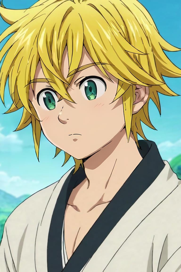 score_9, score_8_up, score_7_up, score_6_up, score_5_up, score_4_up, BREAK source_anime, anime screencap, anime coloring, official style, , upper body, depth of field, 1boy, solo, male focus, <lora:meliodas_nanatsu_no_taizai_pony:0.82>, meliodas_nanatsu_no_taizai, blonde hair, green eyes, hair between eyes, japanese costume, science fiction soft science fiction, , <lora:sdxl_lightning_8step_lora:1>