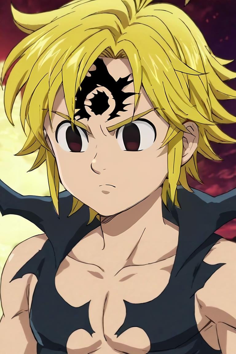 score_9, score_8_up, score_7_up, score_6_up, score_5_up, score_4_up, BREAK source_anime, anime screencap, anime coloring, , , upper body, , 1boy, solo, male focus, <lora:meliodas_nanatsu_no_taizai_pony:0.92>, meliodas_nanatsu_no_taizai, facial mark, empty eyes, black eyes, forehead mark, demon form, demon outfit, texan costume, post-apocalyptic, , <lora:sdxl_lightning_8step_lora:1>