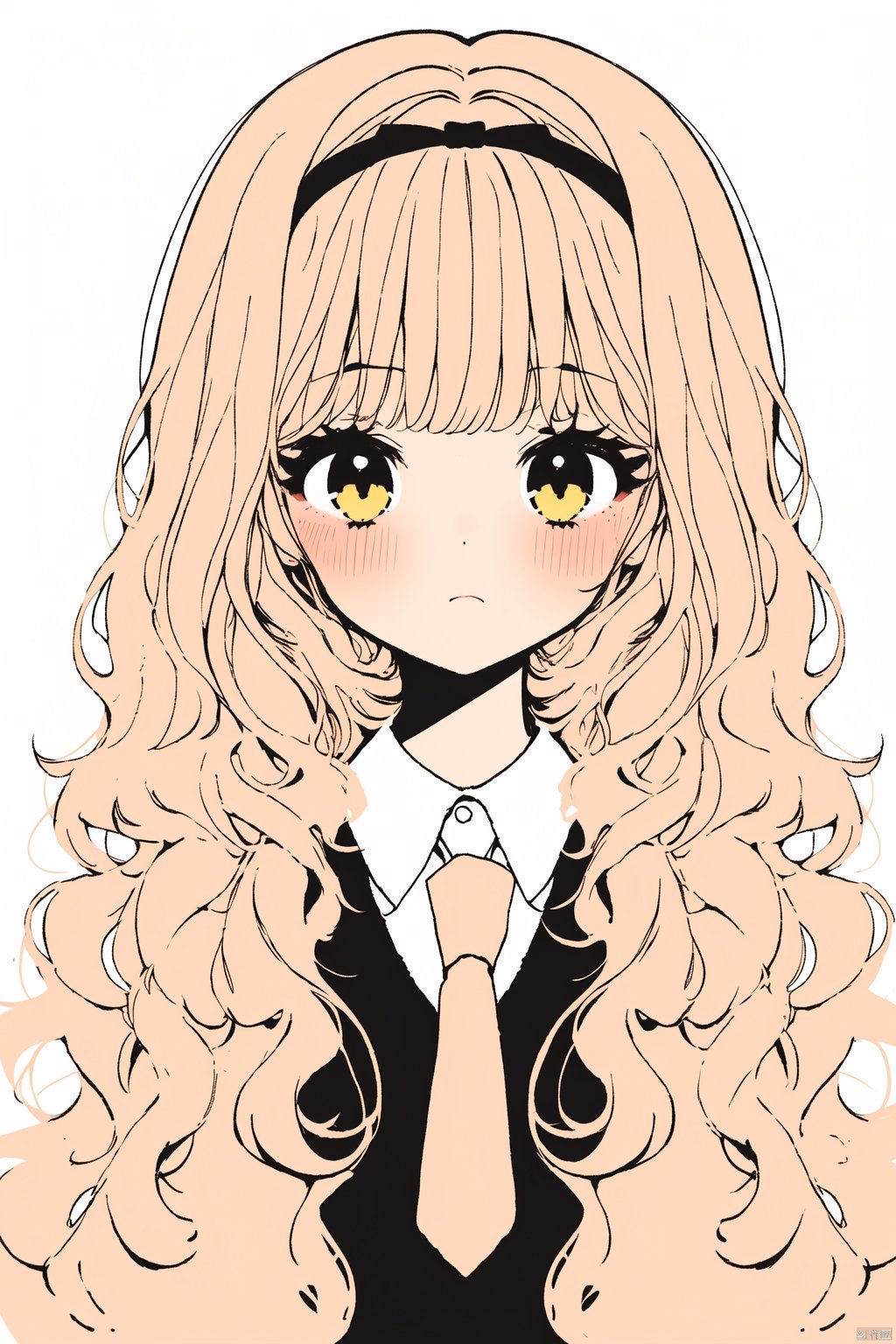 1girl,solo,long hair,looking at viewer,blush,bangs,blonde hair,simple background,shirt,long sleeves,white background,bow.school uniform,yellow eyes,white shirt,upper body,hair bow,hairband,necktie,collared shirt,sweater,sleeves past wrists,wavy hair,red necktie