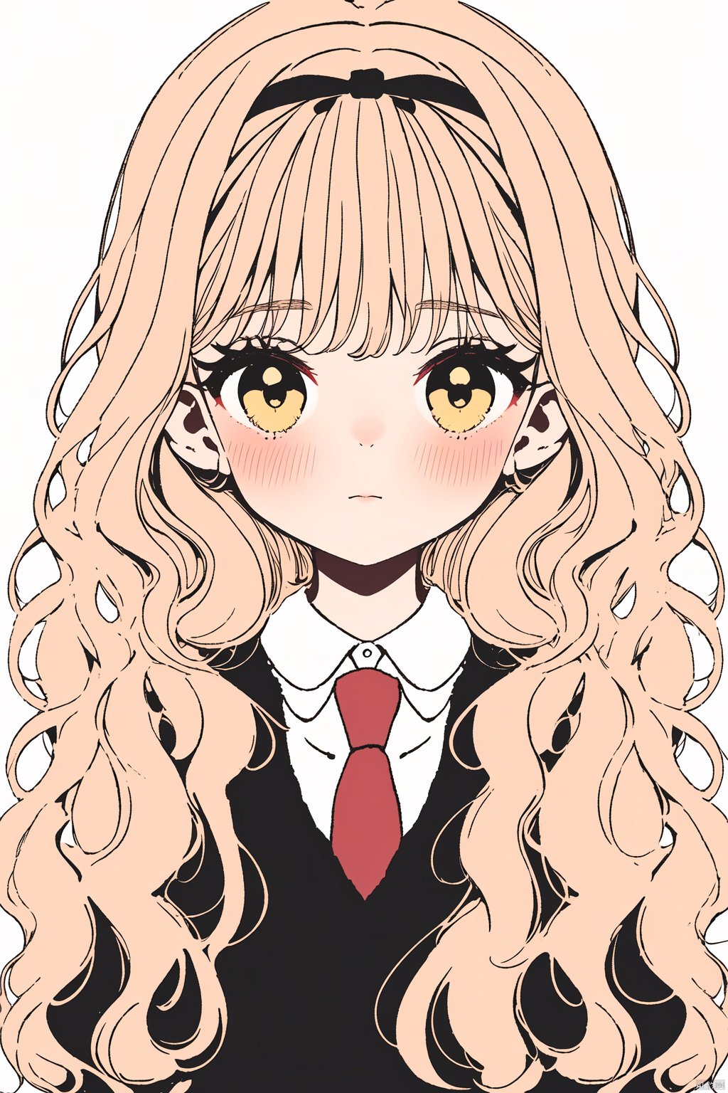 1girl,solo,long hair,looking at viewer,blush,bangs,blonde hair,simple background,shirt,long sleeves,white background,bow.school uniform,yellow eyes,white shirt,upper body,hair bow,hairband,necktie,collared shirt,sweater,sleeves past wrists,wavy hair,black necktie,Red plaid uniform