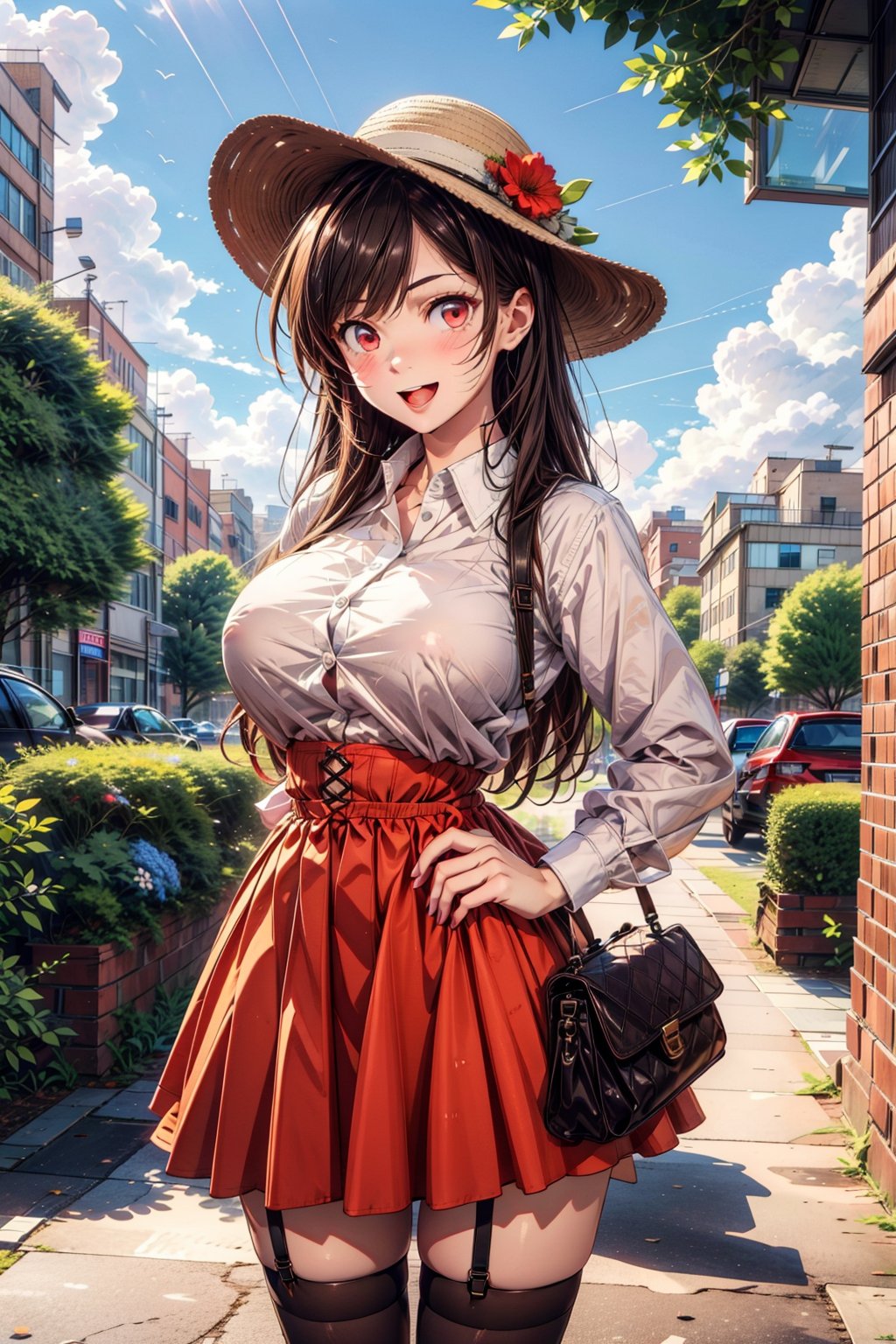 1girl, solo, long hair, breasts, looking at viewer, blush, smile, open mouth, bangs, skirt, large breasts, brown hair, shirt, hair ornament, red eyes, thighhighs, long sleeves, hat, bow, ribbon, holding, very long hair, standing, white shirt, flower, :d, sidelocks, thighs, cowboy shot, pleated skirt, outdoors, frills, sky, day, collared shirt, black thighhighs, cloud, bag, tree, blue sky, zettai ryouiki, hand on hip, dress shirt, neck ribbon, buttons, red skirt, garter straps, suspenders, frilled skirt, sun hat, high-waist skirt, straw hat, hat flower, suspender skirt, button gap,pastelbg