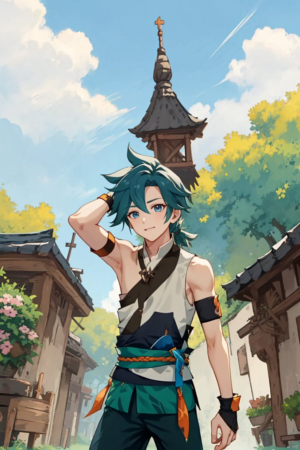  1boy, wzry ,qi ,green hair, sky ,flower, cute, :), Armband, Wrist guard, Braid ,strapless , houtufeng, sboe