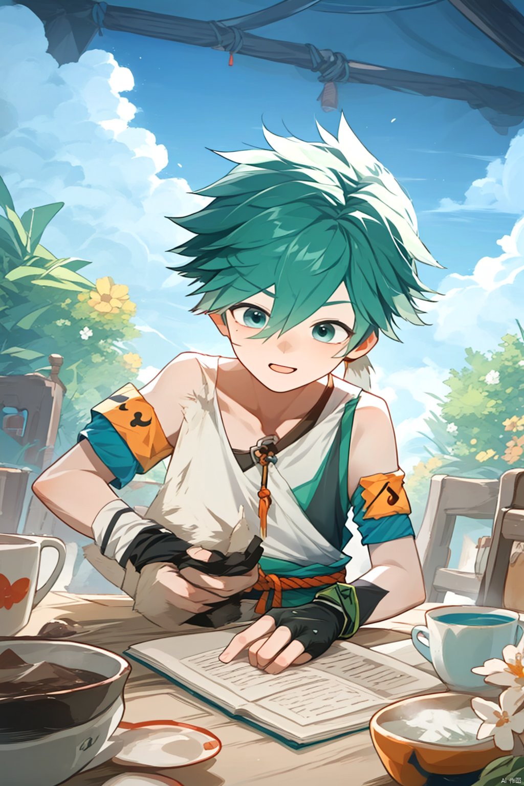  1boy, wzry ,qi ,green hair, sky ,flower, cute, :), Armband, Wrist guard, Little braid ,strapless , houtufeng, sboe, loli, cozy animation scenes