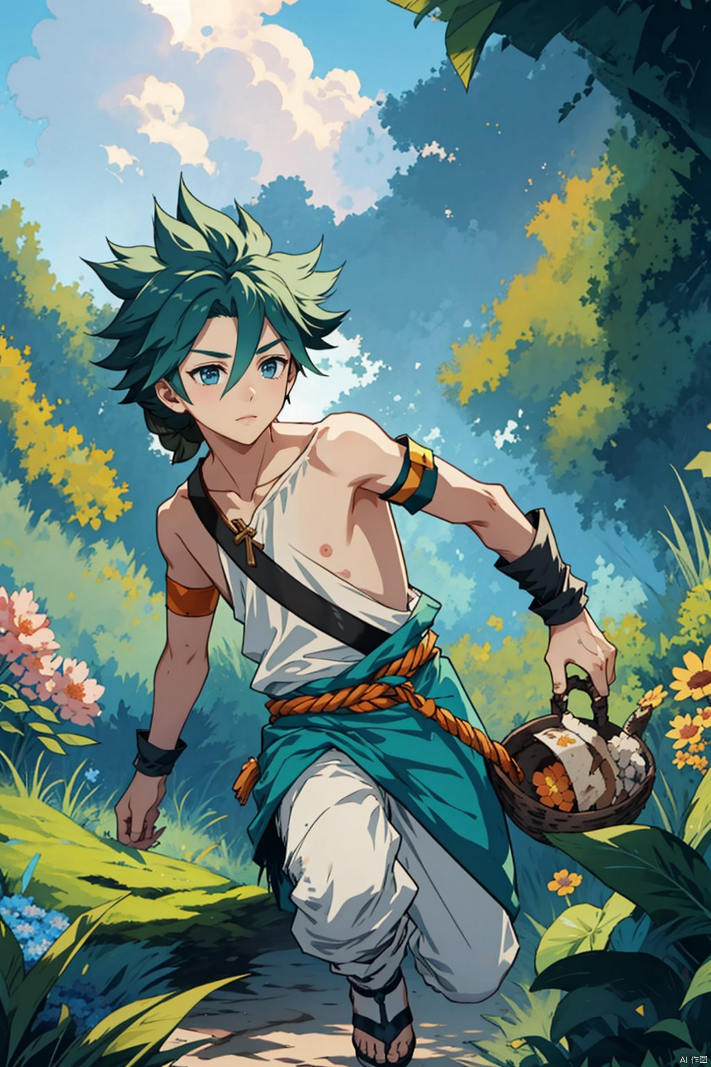  1boy, wzry ,qi ,green hair, sky ,flower, cute, :), Armband, Wrist guard, Braid ,strapless , houtufeng, sboe, loli