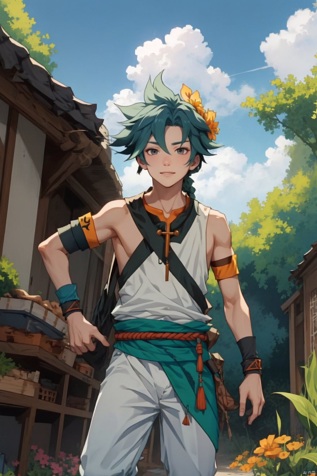  1boy, wzry ,qi ,green hair, sky ,flower, cute, :), Armband, Wrist guard, Braid ,strapless , houtufeng, sboe