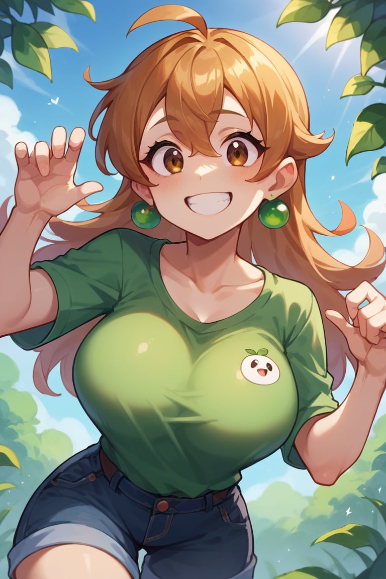 score_9, score_8_up, score_8,
1girl, cute, excited,
white skin, brown eyes,
smiling,  green tshirt, big breasts, shiny, vivad color