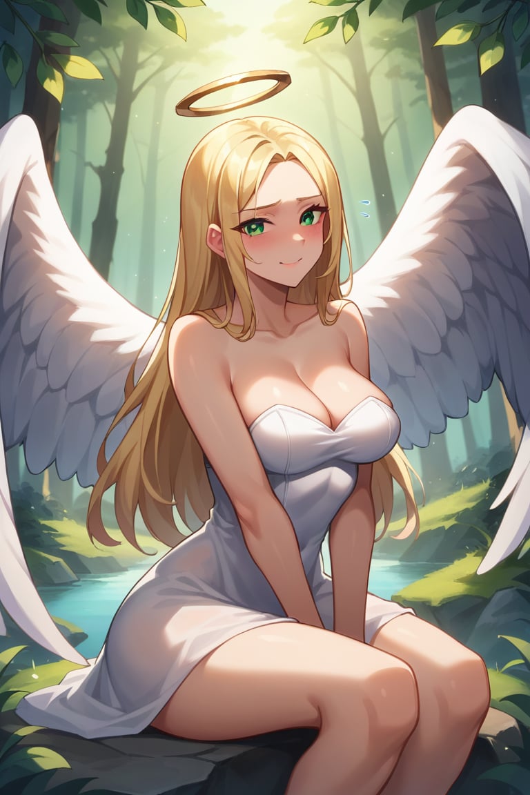 score_9, score_8_up, score_7_up,  1girl angel with 2 large angel wings and a halo, perfect curves, wearing a white dress, strapless, suggestive pose, romantic, solo, detailed eyes, looking at viewer, sitting on a rock, forest, nature, forest meadow, beautiful, looking at viewer, embarrassed, medium breasts, fantasy, from front, looking at viewer playfully, naughty, smirk, romantic, (blonde hair, mid parted hair, straight hair, long hair:1.2), pronounced blush, beautiful green eyes, d4rk01l    