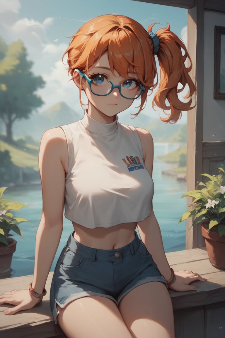 score_9, score_8_up, score_8,, (masterpiece, best quality), 1girl,  pkmnmisty, 1girl, solo, blue eyes, glasses, orange hair, short hair, side ponytail, bangs, hair tie,, white shirt, crop top, sleeveless, short shorts, perfect boobs, score_7_up