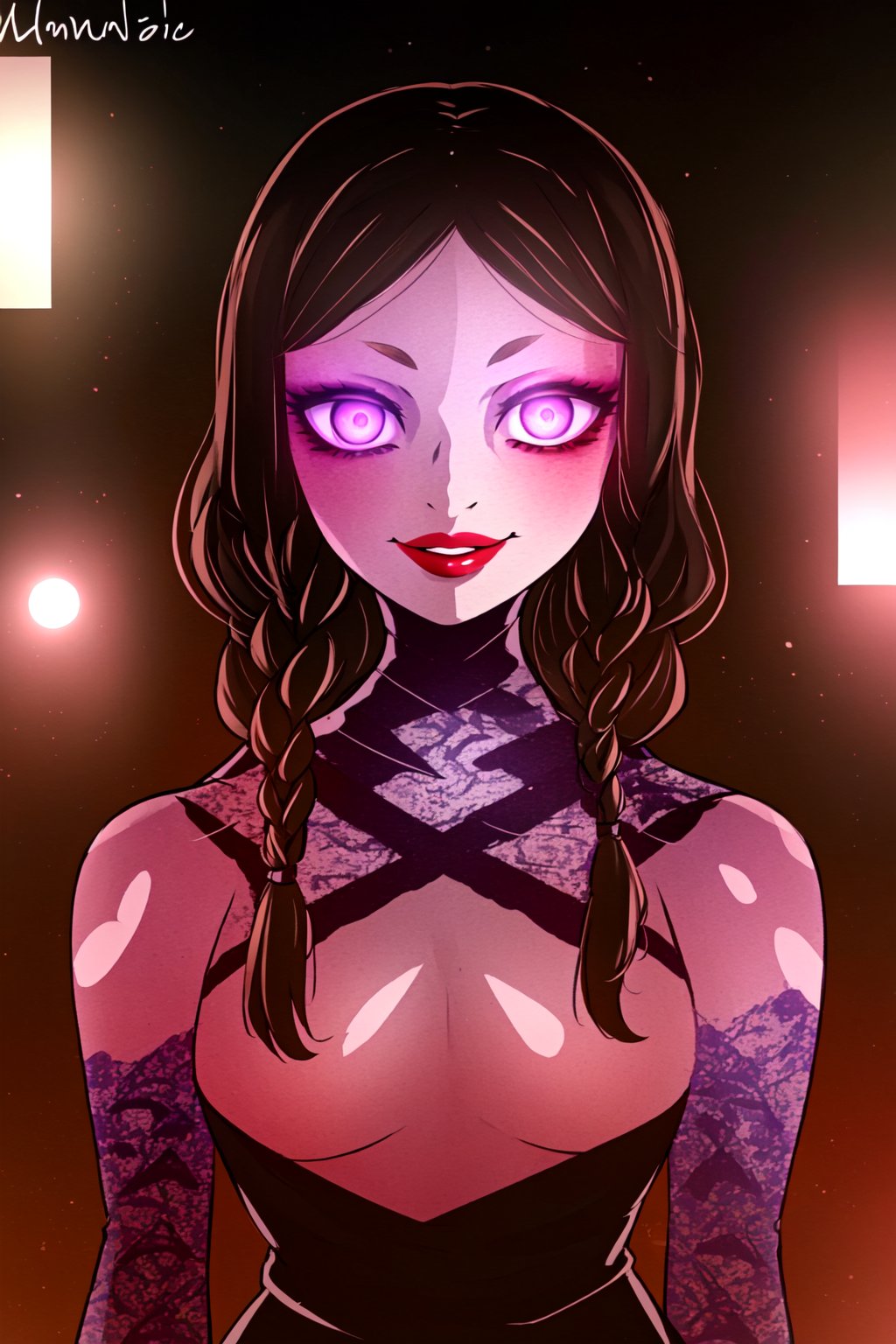 MonaLisa, 1girl, solo, long hair, breasts, looking at viewer, smile, black hair, dress, purple eyes, upper body, braid, twin braids, makeup, glowing, lipstick, glowing eyes, eyeshadow



