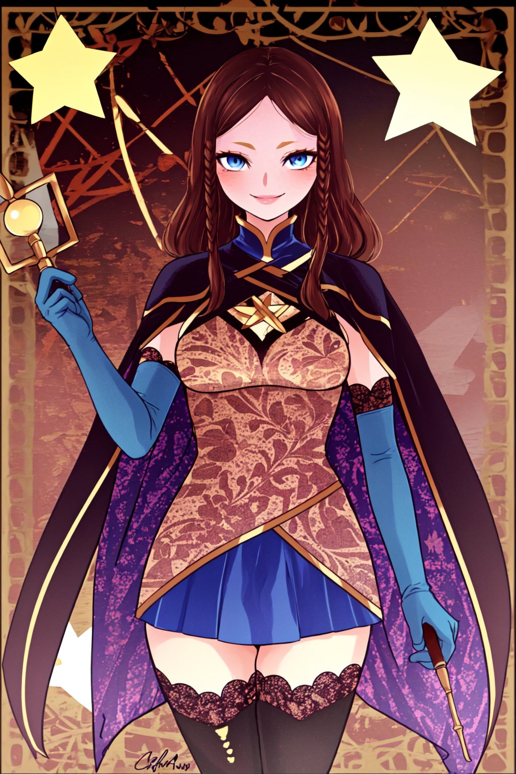 MonaLisa, 1girl, solo, long hair, breasts, looking at viewer, smile, blue eyes, skirt, brown hair, thighhighs, gloves, elbow gloves, star \(symbol\), cape, staff, gauntlets, blue gloves, blue thighhighs