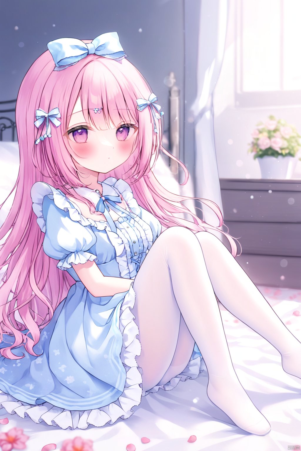  1girl, omochi_monaka, light blue dress, pink hair, long hair, hair ornament, ribbon, hair bow, sitting, white  pantyhose,
shamed, blush, expressionless, lying, no shoes, full body,
medium breasts, frills, puffy sleeves,gothic lolita,
flower, white background, blurry background, depth of field, cameltoe,
from side, 
masterpiece, best quality, doll