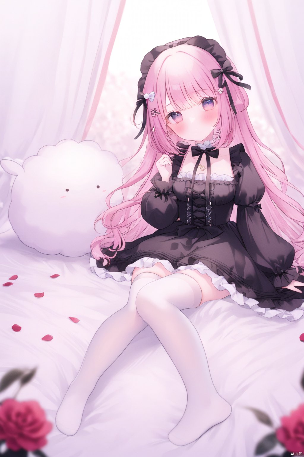  1girl, omochi_monaka, black dress, pink hair, long hair, white thighhighs, hair ornament, ribbon, hair bow, sitting,
shamed, blush, expressionless, lying, no shoes, full body,
medium breasts, frills, puffy sleeves,gothic lolita,
flower, white background, blurry background, depth of field,
from side, 
masterpiece, best quality, doll