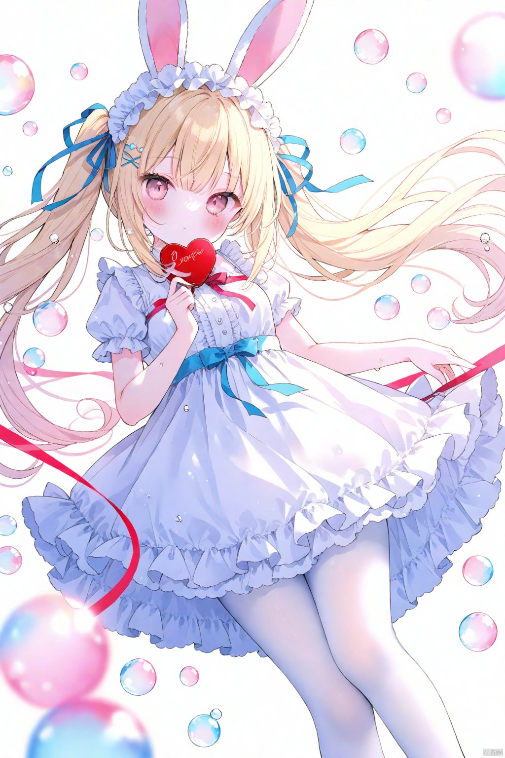 1girl, loli, hair ribbon, long hair, staright hair,
lolita dress, light blue and white dress, twintails, rabbit ears, blonde hair, frills, white pantyhose,
colorful, no shoes, valentine, ribbon, flat color, bubble, Artist onineko,
white background, depth of field, medium breasts,
masterpiece, best quality, onnk, omochi_monaka, wet, 