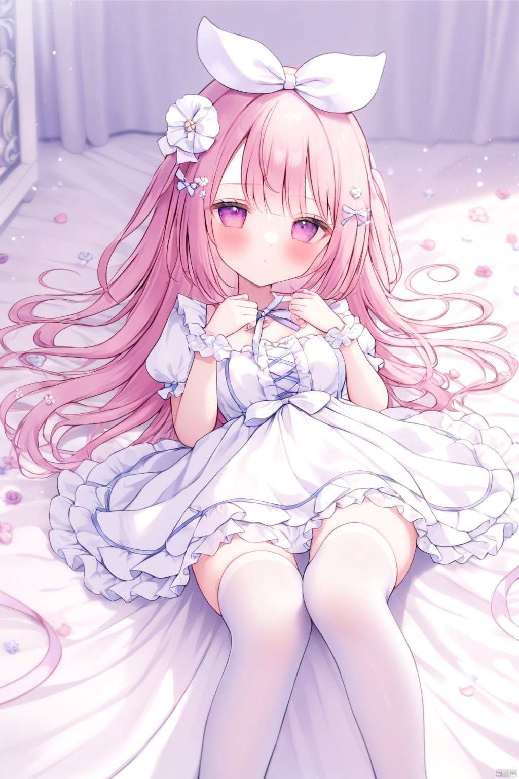  1girl, omochi_monaka, white dress, pink hair, long hair, white thighhighs, hair ornament, ribbon, hair bow, lying,
shamed, blush, expressionless, lying,
medium breasts, frills, puffy sleeves,
flower, white background, blurry background, depth of field,
masterpiece, best quality, doll