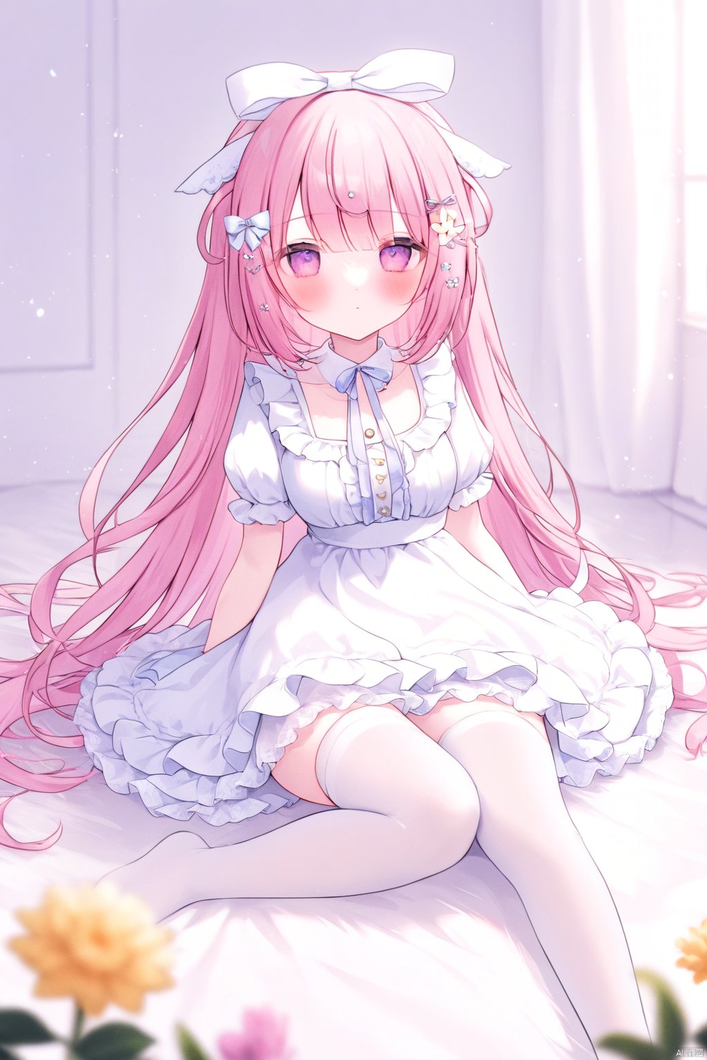  1girl, omochi_monaka, white dress, pink hair, long hair, white thighhighs, hair ornament, ribbon, hair bow, sitting,
shamed, blush, expressionless, lying, no shoes, full body,
medium breasts, frills, puffy sleeves,
flower, white background, blurry background, depth of field,
masterpiece, best quality, doll