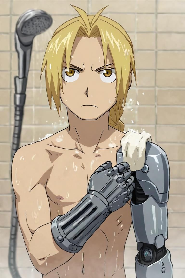 score_9, score_8_up, score_7_up, score_6_up, score_5_up, score_4_up, BREAK source_anime, anime screencap, , official style, , , depth of field, 1boy, solo, male focus, <lora:edward_elric_pony:0.94>, edward_elric, blonde hair, yellow eyes, braid, single braid, braided ponytail, single mechanical arm, prosthesis, , , shower, , <lora:sdxl_lightning_8step_lora:1>