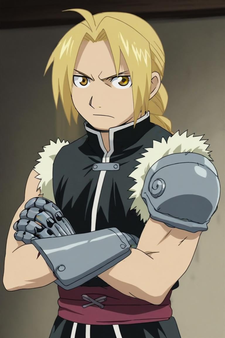 score_9, score_8_up, score_7_up, score_6_up, score_5_up, score_4_up, BREAK source_anime, anime screencap, anime coloring, , , , , 1boy, solo, male focus, <lora:edward_elric_pony:0.82>, edward_elric, blonde hair, yellow eyes, braid, single braid, braided ponytail, single mechanical arm, prosthesis, dwarf costume, , Arms crossed, displaying assertiveness, <lora:sdxl_lightning_8step_lora:1>