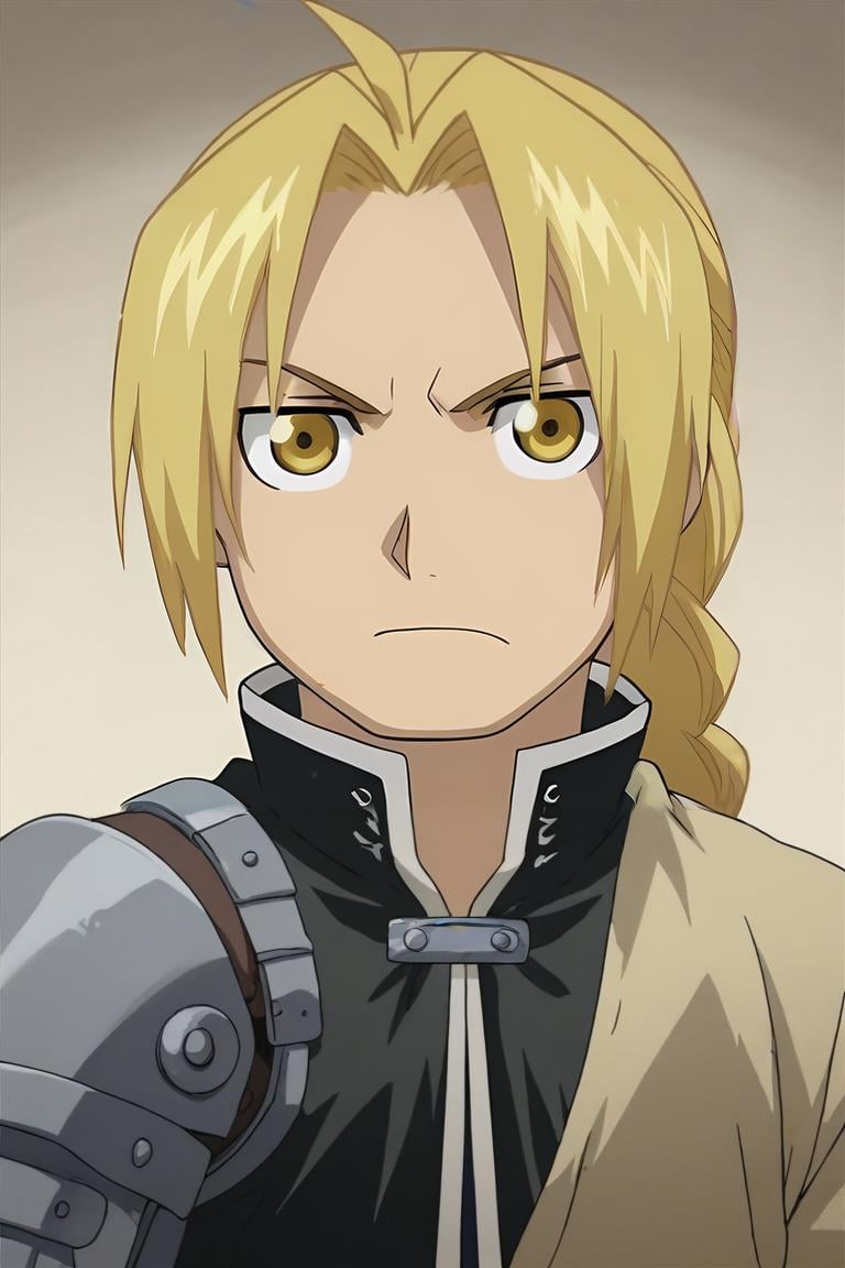 score_9, score_8_up, score_7_up, score_6_up, score_5_up, score_4_up, BREAK source_anime, anime screencap, , , looking at viewer, upper body, , 1boy, solo, male focus, <lora:edward_elric_pony:0.98>, edward_elric, blonde hair, yellow eyes, braid, single braid, braided ponytail, single mechanical arm, prosthesis, camo costume, steampunk, , <lora:sdxl_lightning_8step_lora:1>