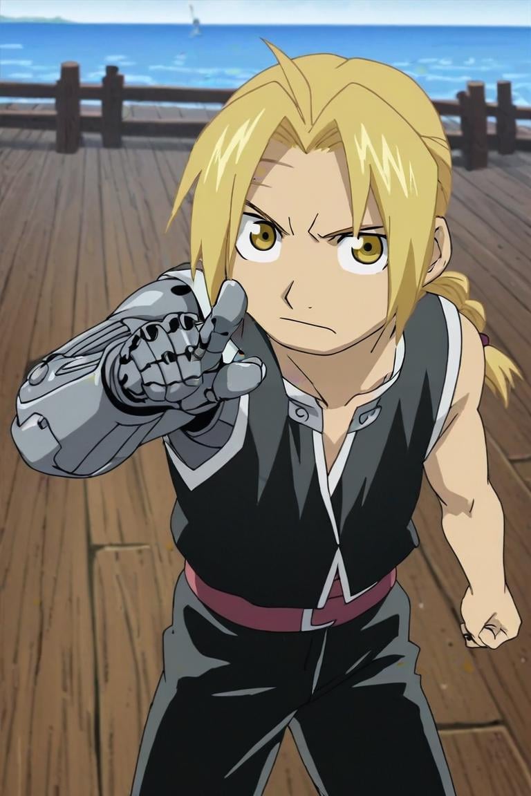 score_9, score_8_up, score_7_up, score_6_up, score_5_up, score_4_up, BREAK source_anime, anime screencap, , , looking at viewer, , depth of field, 1boy, solo, male focus, <lora:edward_elric_pony:0.96>, edward_elric, blonde hair, yellow eyes, braid, single braid, braided ponytail, single mechanical arm, prosthesis, , pier, One hand pointing, signaling direction, <lora:sdxl_lightning_8step_lora:1>