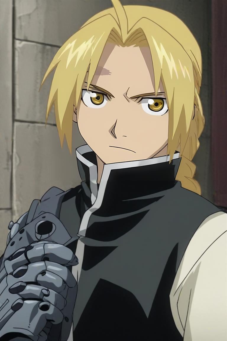 score_9, score_8_up, score_7_up, score_6_up, score_5_up, score_4_up, BREAK source_anime, anime screencap, anime coloring, , , upper body, , 1boy, solo, male focus, <lora:edward_elric_pony:0.86>, edward_elric, blonde hair, yellow eyes, braid, single braid, braided ponytail, single mechanical arm, prosthesis, burglar costume, war, , <lora:sdxl_lightning_8step_lora:1>