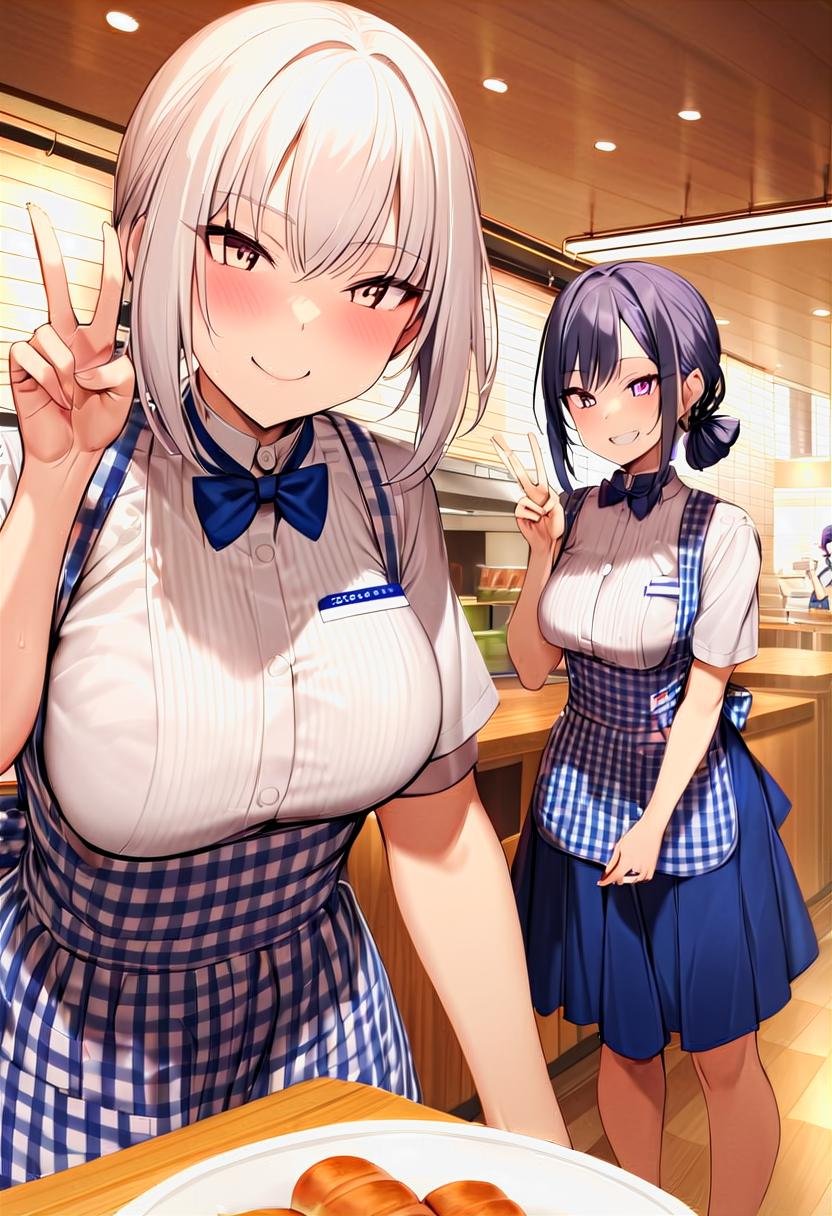 multiple girls, 2girls, v, smile, KRU, blue bow, blue bowtie, white shirt, short sleeves, blue skirt, blue apron,  gingham apron, employee uniform, high-waist skirt, waitress, indoors, blinds, name tag,best quality,  highres, extreme detailed <lora:kobeyaU_SDXL_V2:1>