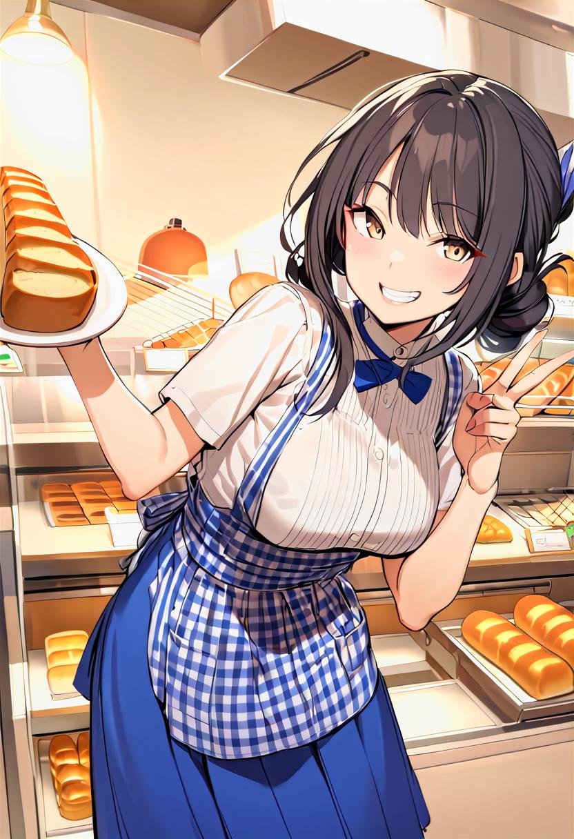 KRU, white shirt, short sleeves, blue skirt, blue apron,  gingham apron, employee uniform, high-waist skirt, waitress,  from behind, simple background, long skirt, blue apron, name tag, 1girl, smile, v, shop, food, bread, looking at viewer, grin, indoors, tongs, black hair, hand upbest quality,  highres, extreme detailed <lora:kobeyaU_SDXL_V2:1>